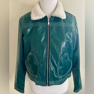 Valfre Green Pleather Bomber Jacket with Sherpa Collar and Heart Pockets ✨
